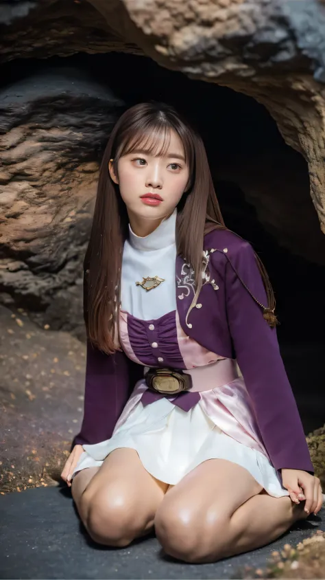 ( 高精細CG),( highest quality ),((directly above)),(( Composition showing the top from the waist)),(( in a dark cave)), (( lying on your back on the ground)),(( 1girl )), perfect face, shiny skin , wide hips , thin waist, purple bolero jacket,((white skirt)...