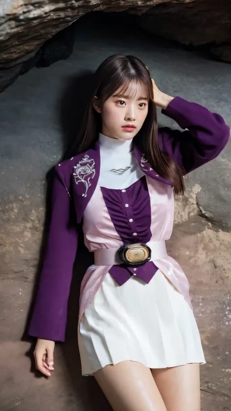( 高精細CG),( highest quality ),((directly above)),(( Composition showing the top from the waist)),(( in a dark cave)), (( lying on your back on the ground)),(( 1girl )), perfect face, shiny skin , wide hips , thin waist, purple bolero jacket,((white skirt)...