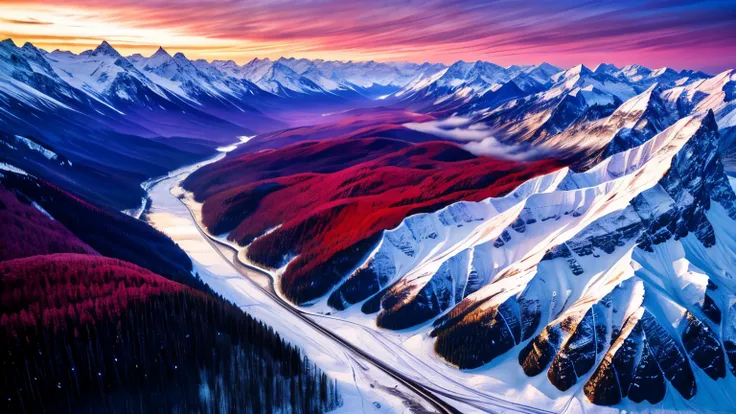 best quality, masterpiece, Beautiful Wild Natural Fantasy Scenery with Shining Light,Spectacular nature ,Delicate Natural Atmosphere,Majestic scenery shining in red and purple,Aerial view,