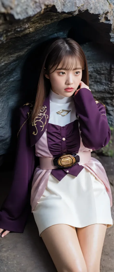 ( 高精細CG),( highest quality ),((directly above)),(( Composition showing the top from the waist)),(( in a dark cave)), (( lying on your back on the ground)),(( 1girl )), perfect face, shiny skin , wide hips , thin waist, purple bolero jacket,((white skirt)...