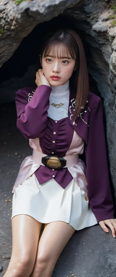 ( 高精細CG),( highest quality ),((directly above)),(( Composition showing the top from the waist)),(( in a dark cave)), (( lying on your back on the ground)),(( 1girl )), perfect face, shiny skin , wide hips , thin waist, purple bolero jacket,((white skirt)...