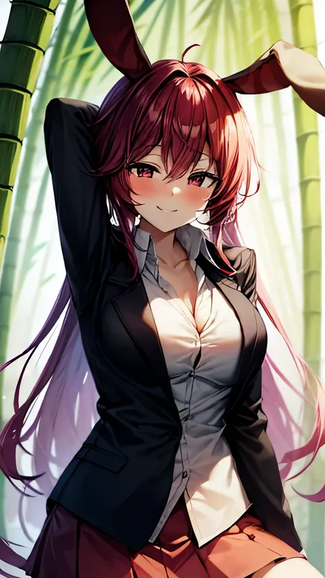 （Ultra High Quality,super high resolution,16k,Super Masterpiece,Ultra HD ,detailed shading and background,）One sexy girl, long purple hair,Rabbit Ears,white shirt, black blazer ,pink miniskirt with long bangs,smile,blush,Bamboo Grove of the Rising Sun,