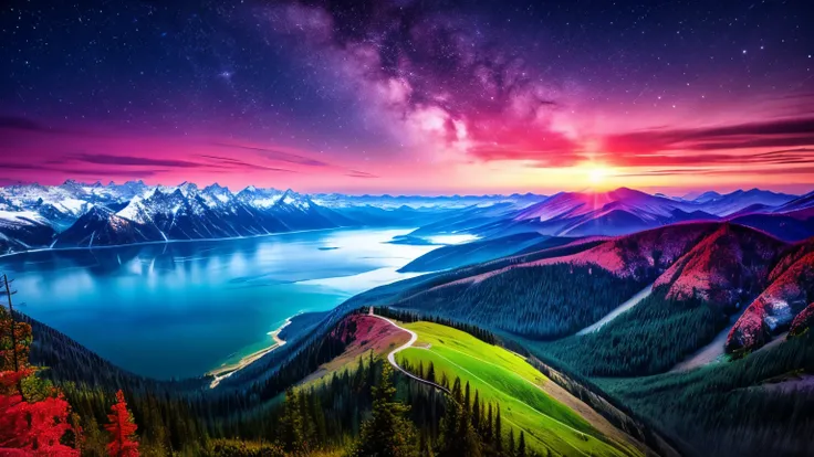 best quality, masterpiece, Beautiful Wild Natural Fantasy Scenery with Shining Light,Spectacular nature ,Delicate Natural Atmosphere,Majestic scenery shining in red and purple,Aerial view,