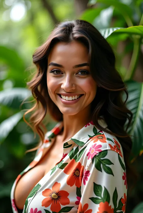 A Brazilian woman in a lush tropical garden,  wearing an open shirt with floral print, with a close up capturing the harmonious beauty between your breasts and the natural flowers, showing her natural charm and outgoing personality.