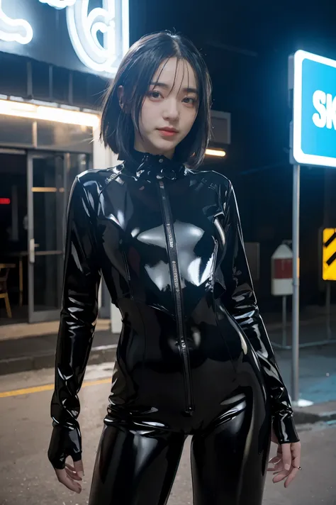 solo, super fine photo, portrait Unreal Engine 5 8K UHD of beautiful girl in a skin tight black latex outfit with blue neon light details, slick black catsuit, black iconic character, smooth black skin, black body, PVC, some black, glossy latex suit, rubbe...