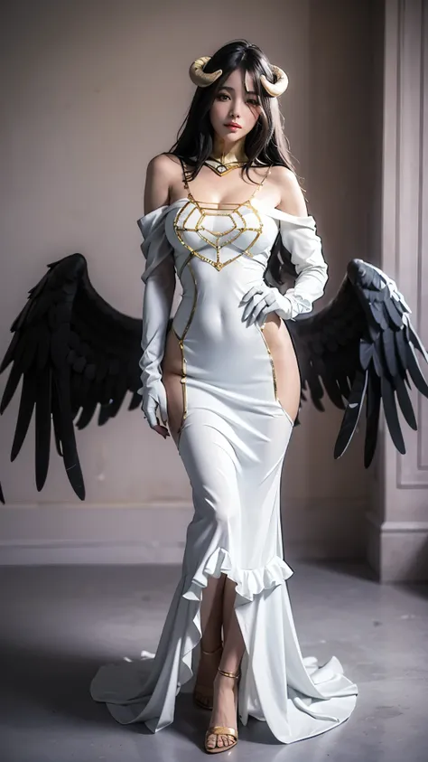 ((masterpiece, best quality)), insaneres, absurdres, solo, looking at viewer, MainWhiteDress_Albedo_ownwaifu, 1girl, black hair, white horns, hair between eyes, yellow eyes, slit pupils, pale skin, very long hair, large breasts, low wings, black wings, bla...