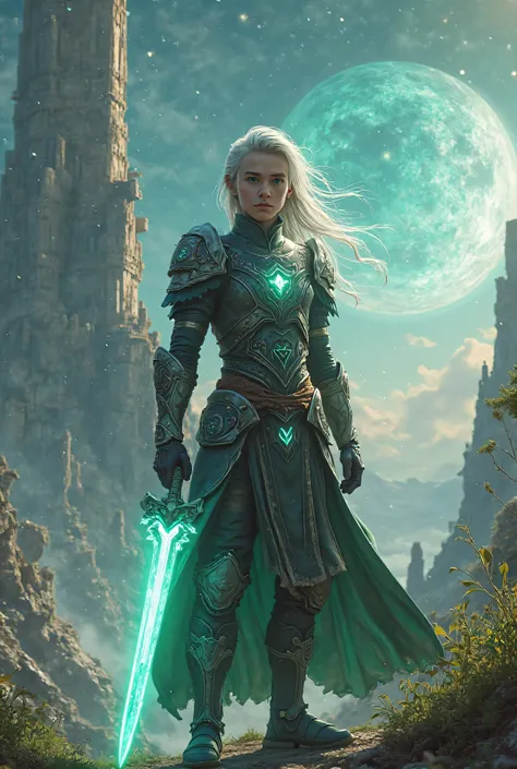 A young warrior named Aris, 18 years old, standing on a mysterious alien planet called 'Planet of Wizards.' He has sharp green eyes, silver hair flowing in the cosmic wind, and wears a futuristic yet medieval-style armor with glowing mystical symbols. The ...