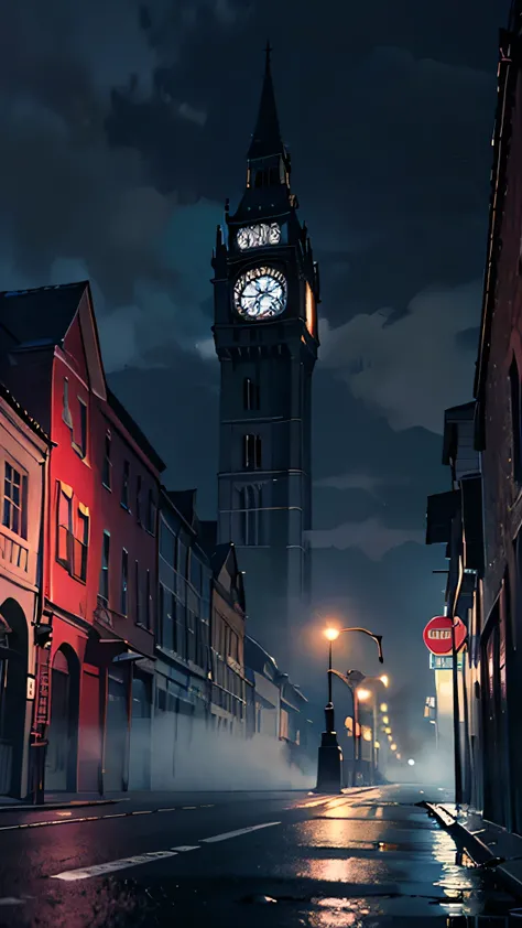 A dark and eerie abandoned town at midnight, a towering gothic clock tower with stopped clock hands, thick fog covering the streets, dim flickering streetlights, mysterious shadows cast on the buildings, cinematic horror lighting, deep blue and purple hues...