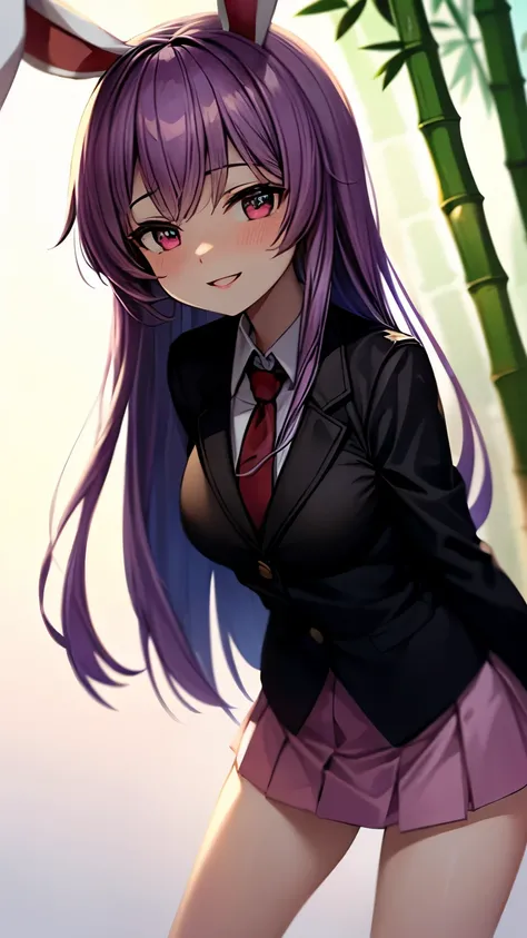 （Ultra High Quality,super high resolution,16k,Super Masterpiece,Ultra HD ,detailed shading and background,）one girl, long purple hair,Rabbit Ears,white shirt,red tie, black blazer ,pink miniskirt with long bangs,pussy sticking out,smile,blush,Open your lip...