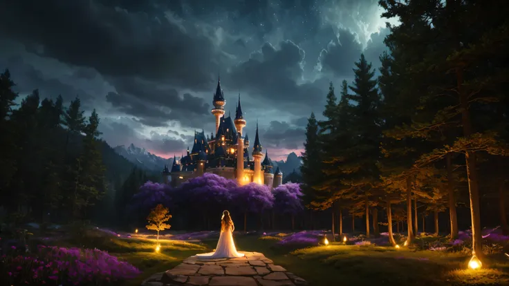 A dreamlike fantasy landscape, a surreal forest with glowing mushrooms, (whimsical castle reaching to the sky in the distance), 1girl, princess, long wavy hair, detailed dress, walking through the mystical scenery, (best quality, 4k, 8k, highres, masterpie...