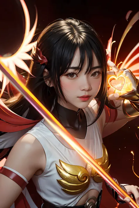 1girl, solo, 8K, Top,hentail realism、Front lighting,Kamen Rider Scarlet_Sun。Metallic body,Crimson shone with a silver glow、Wear a deformed belt、Burn with a righteous heart, She follows the minions of evil々Defeat。The fighting intensified、The last enemy appe...