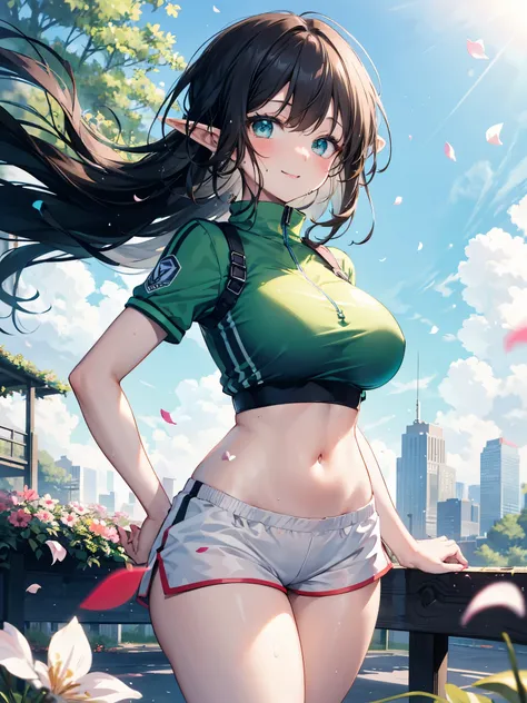 detailed image, beautiful image, an elf, dark hair, long hair, turquoise eyes, large breasts, short black waist, wide hips, thick thighs. She dressed sporty, crop top, sporty mini shorts, sweating, and smiling. surrounded by a school landscape. falling flo...