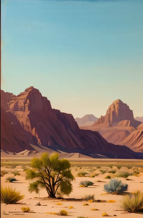 painting of a lone tree in a desert with mountains in the background, by Jerry Weiss, by Leonard Appelbee, by Clarence Holbrook Carter, by Fred Cress, by Ralph Burke Tyree, by Lyle Tuttle, painting in the style of ed mell, by Walter Stuempfig, by Michael S...