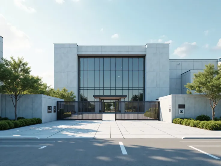 sun、Modern industrial park、Office Building、Outside the main entrance、Retractable gate 、security booth、Walls on both sides of the entrance、Fences