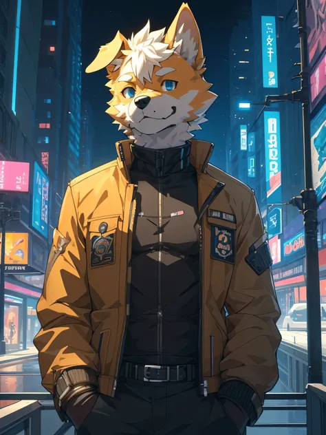 score_9, score_8_up , score_7_up , (Alone), (Top Quality:1.2), (8K BEST IMAGE), (Correct Anatomy), (((One and only person ))),  8K, official art, (Super Detail), (Male dog :1.5), ( futuristic city background), ( urban environment ),  I'm wearing a jacket ,...