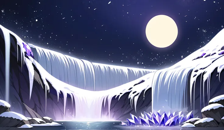 
Background, waterfall, stars, medium sized moon, snow, some floating purple crystals around the edges of the image.