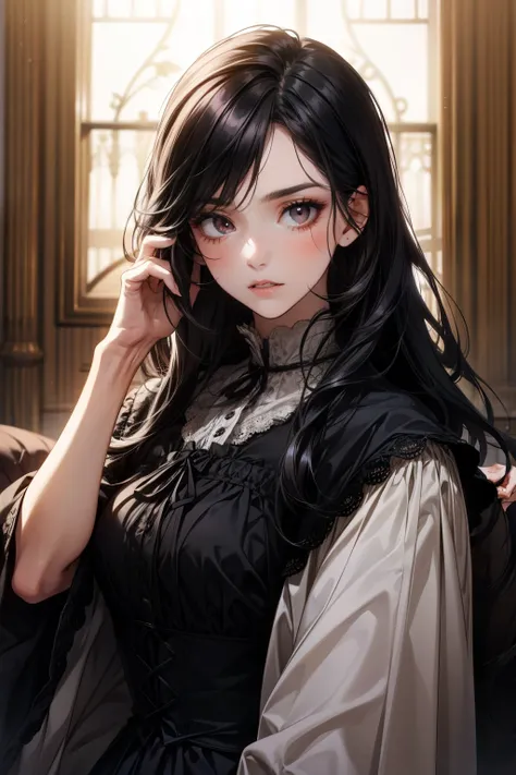 a girl with long black hair and black eyeballs. she wears victorian era military clothes