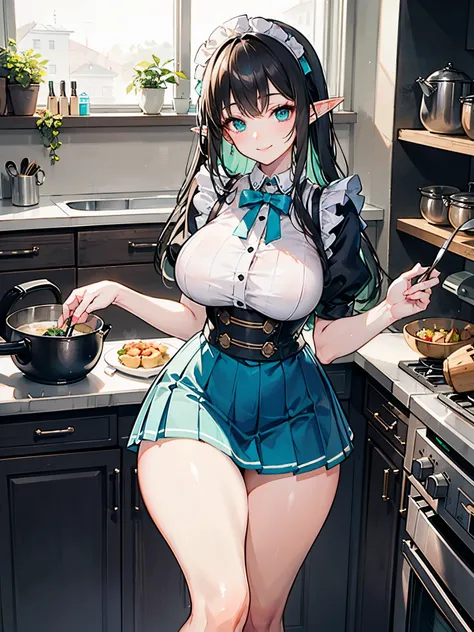 detailed image, beautiful image, an elf, dark hair, long hair, turquoise eyes, large breasts, short waist, wide hips, thick thighs. Dressed in maid's uniform, pleated miniskirt, garters, and smiling. Inside a kitchen. surrounded by pots and dishes, ambient...