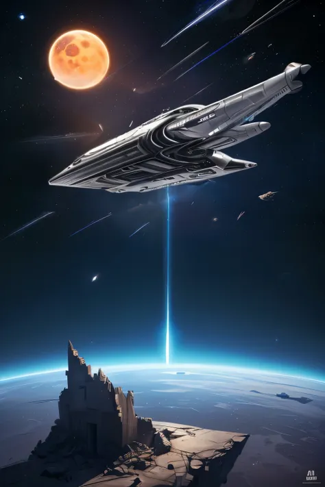Tubular spaceship, Realistic, Proportional to the background image, symmetrical, sci-fi aesthetic , Thrusters at the bottom, wingless, No wings,
