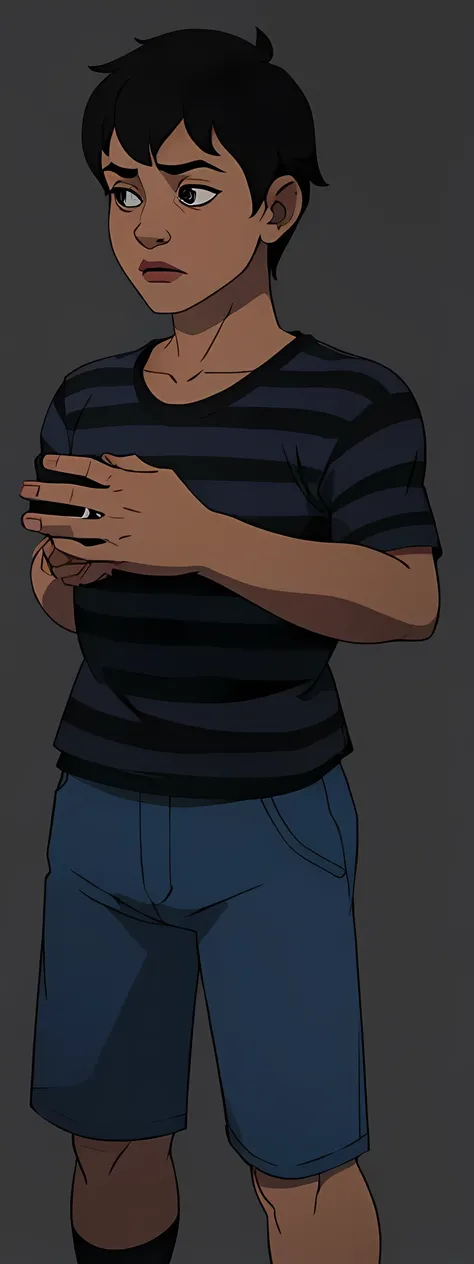  a  boy, wearing a black shirt with gray stripes (c.c. From FNAF 4 )