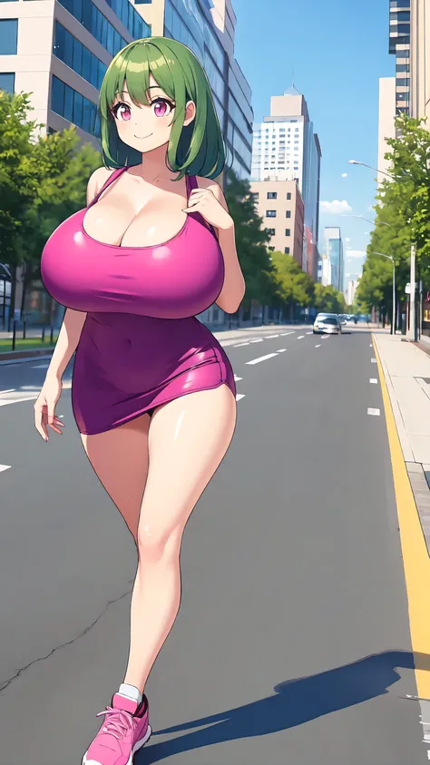 smile, Pencil_Dress, pink eyes, green hair, wide hips, gigantic breasts, cityscape, gigantic breasts, jogging, jogging in city, gigantic breasts, jogging