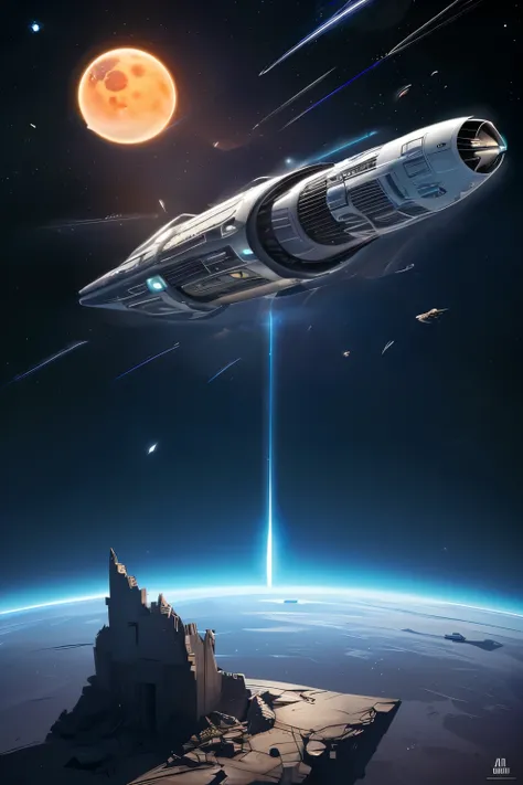 Tubular spaceship, Realistic, Proportional to the background image, symmetrical, sci-fi aesthetic , thrusters at the bottom, wingless, Don't fly, Tubular ship.