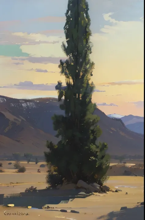 painting of a lone tree in a desert with mountains in the background, a gouache by Jerry Weiss, flickr, plein air, painting in the style of ed mell, edward okun, edward hooper, great light and shadows”, virgil finlaytim hildebrandt, chris moore”, nicholas ...