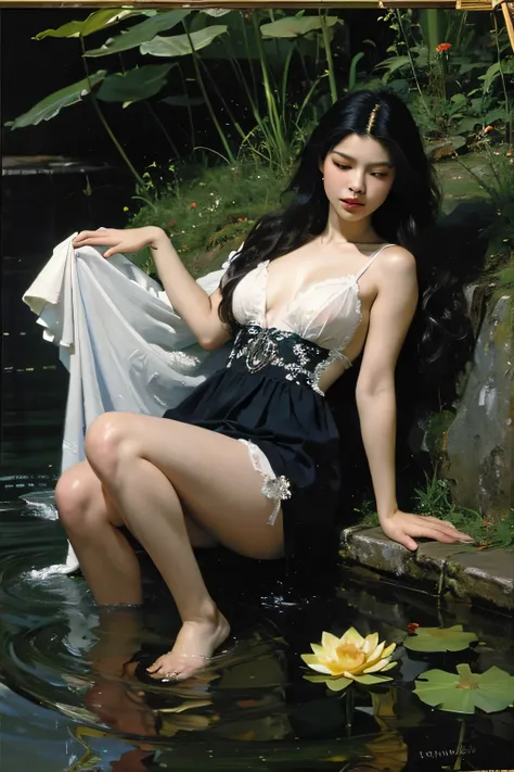 (oil painting:1.5),
\\
a woman with (long curtly hair ),  is lie on the ground, lotus, in water, (amy sol:0.248) with dress,  (stanley artgerm lau:0.106), (a detailed painting:0.353), (gothic art:0.106)