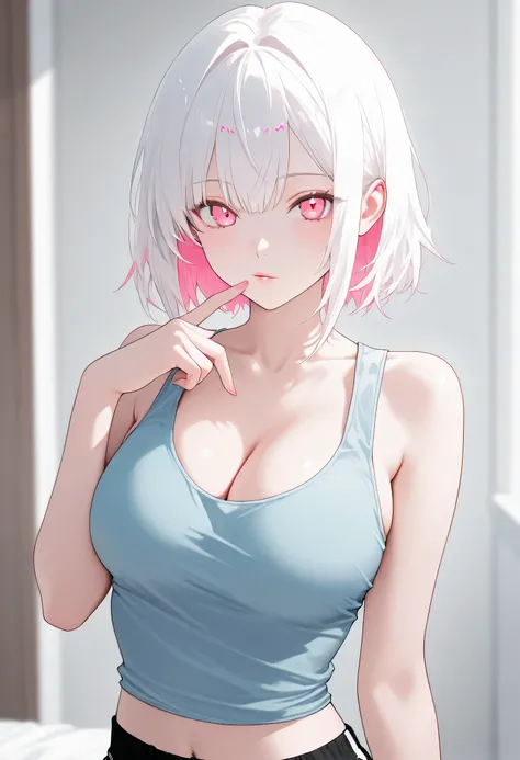 score_9, score_8_up, score_7_up,source_anime, high res image,masterpiece,best quality,girl,cute face,clear skin,white hair,pink highlight,blushes,finger on lips,tanktop,round breast,cleavage,