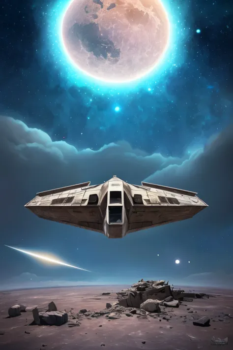 a digital painting, Of a symmetrical ship flying, aged, filled with broken parts, flying among a shattered ruined Moon, meteoritos, with ancient space buildings, with a distant planet in the background, dots in outer space, super detailed , quality digita...