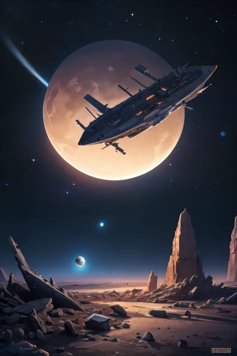 a digital painting, Of a symmetrical ship flying, aged, filled with broken parts, flying among a shattered ruined moon, meteoritos, with ancient space constructions, with a distant planet in the background, dots in outer space, super detailed , quality di...