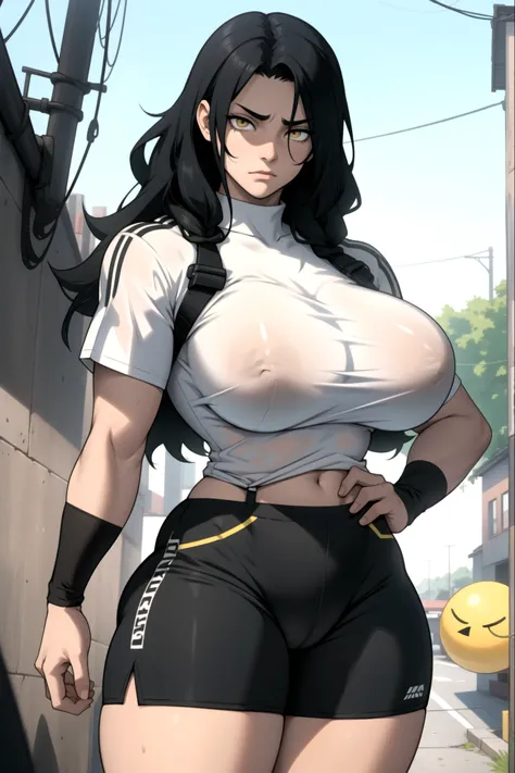 see through see through huge muscles big breasts black hair yellow eyes pale skin striped top bike shorts sad empty eyes embarrassed