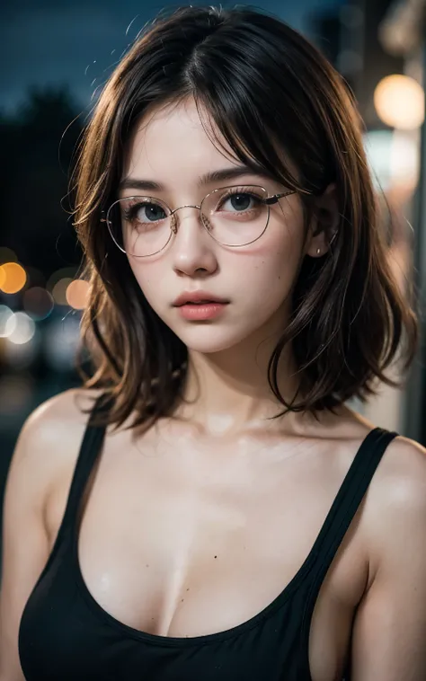 a beautiful 23-year-old woman, light brunette, close-up, girl next door, baggy clothes, makeup, lips, glasses, night, messy hair, film grain, retro, Porta 160 color, shot on ARRI ALEXA 65, sharp focus on subject, Fujifilm XT-3