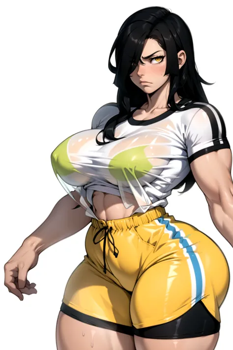 see through see through huge muscles big breasts black hair yellow eyes pale skin striped top bike shorts sad empty eyes embarrassed