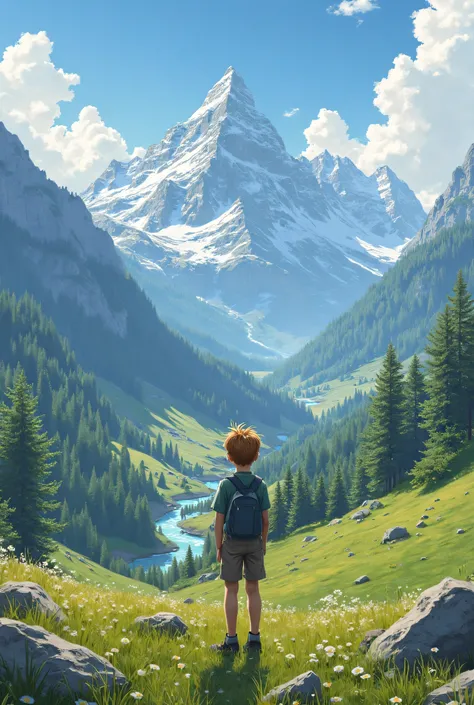 Generate an image of a lone age boy enjoying view of Switzerland 