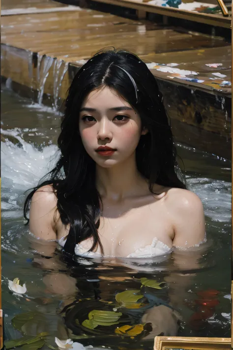 (oil painting:1.5),
\\
a woman with (long curtly hair ),  is lie on the ground, lotus, in water, (amy sol:0.248), (stanley artgerm lau:0.106), (a detailed painting:0.353), (gothic art:0.106)