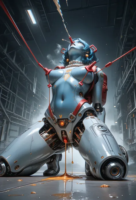 A robot , that lands, female android , } Place a hand on the ground, mixed color, multicolor , red and blue body, Glitter body, shock wave for approximately on the ground, Sand smoke, jet fire from backpack, bare frontal, ((Pearl necklace 3 beads on one i...