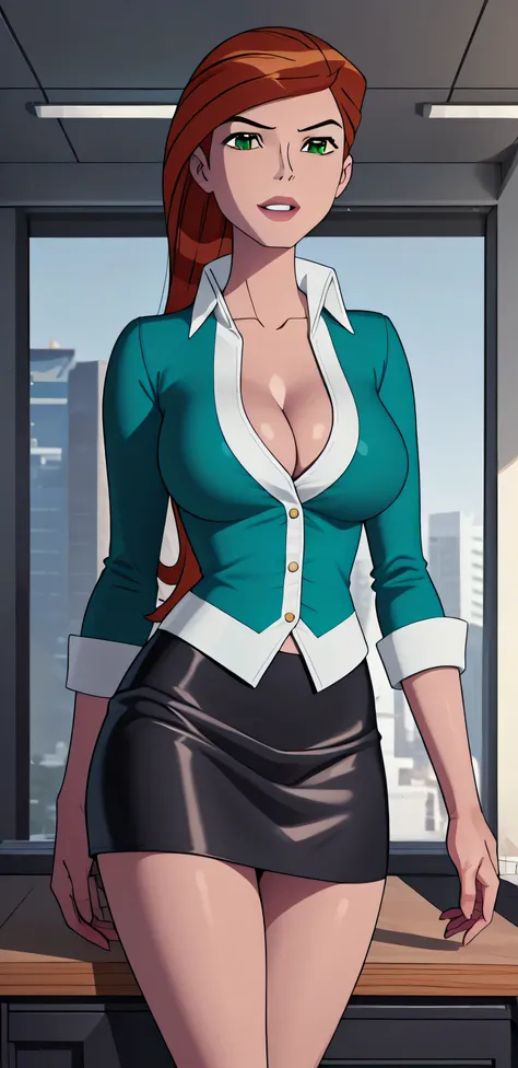 (masterpiece),adult (mature) Gwen Tennyson confident and stylish animated woman with long legs, flowing red long pony hair and striking Green eyes. She wears a fitted blue blouse with a white collar and a ((mini black skirt)). The setting is a modern offic...