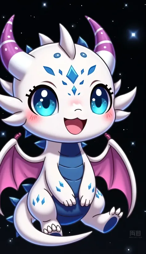 A cute kawaii chibi-style baby dragon joyfully taking flight. Its small wings are spread wide, and both hands are raised high in excitement. Its expression is full of happiness and enthusiasm, with sparkling eyes and an open-mouthed smile. The pose conveys...