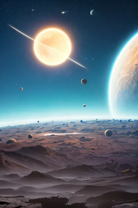 a digital painting, of a symmetric spaceship flying, aged, filled with broken parts, flying among a shattered ruined Moon, meteoritos, with ancient space buildings, with a distant planet in the background, dots in outer space, super detailed , quality dig...