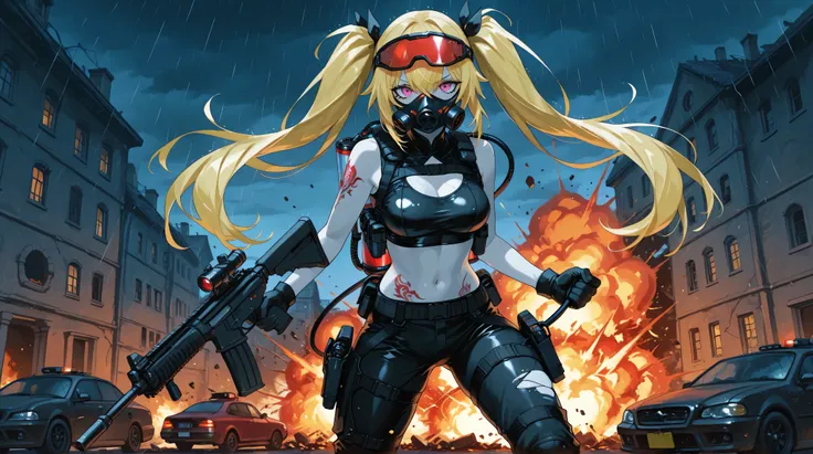 A dark sky looms over the desolate, war-torn city—collapsed buildings, streets littered with debris, and flames raging among the wreckage of military vehicles. Torrential rain pours endlessly, drenching the roads scarred by explosions and the fallen bodies...