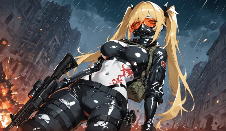 A dark sky looms over the desolate, war-torn city—collapsed buildings, streets littered with debris, and flames raging among the wreckage of military vehicles. Torrential rain pours endlessly, drenching the roads scarred by explosions and the fallen bodies...