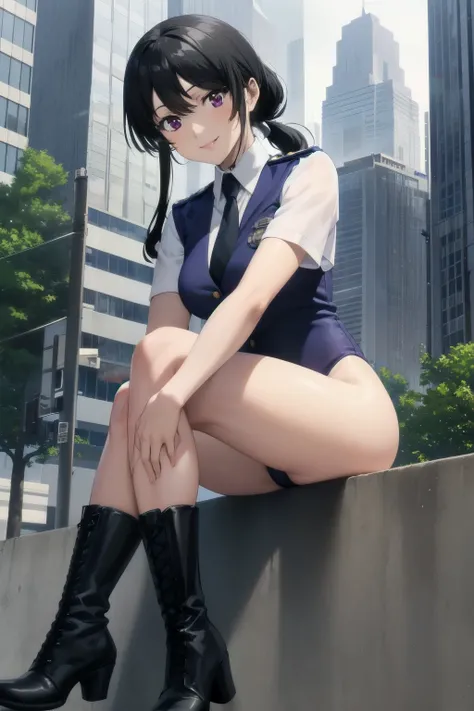 best quality, masterpiece, portrait, kobayakawa miyuki, black hair, purple eyes, long hair, medium breasts, low ponytail, sidelocks, police uniform, police woman, vest, necktie, looking at viewer, outdoors, city, street, smile, leotard, bare legs, boots
