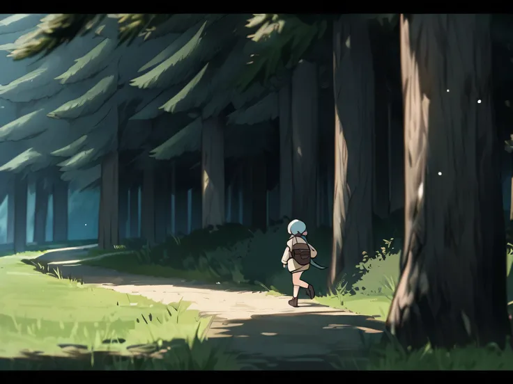 a trail and several pine trees around with an anime character turned away static, but animated as if he were walking on the trail, female girl backwards