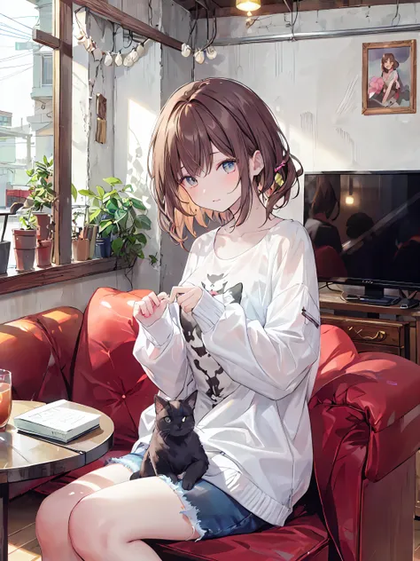 Girl and cat、black cats staring at each other with yellow eyes、cute、The coat is beautiful、stand up、
high school girl、 brown haired girl、

The background is a sofa at home、