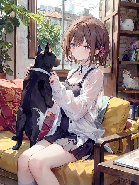 Girl and cat、black cats staring at each other with yellow eyes、cute、The coat is beautiful、stand up、
high school girl、 brown haired girl、

The background is a sofa at home、