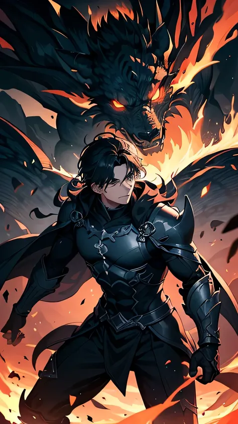 **"An epic, cinematic illustration of a young hero standing amidst the smoldering ruins of a once-great city, engulfed in flames and thick smoke. His piercing gray eyes reflect both exhaustion and an unyielding resolve, while his unkempt black hair is tous...