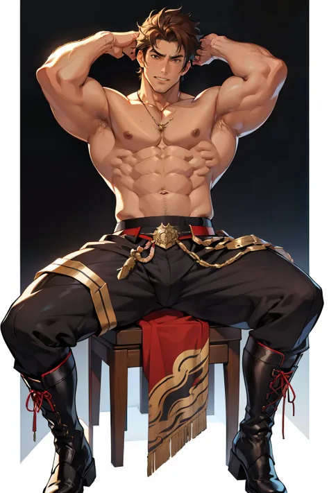 Highest image quality， male people ，，1 boy，young and handsome，Shoun， brown hair ，short straight hair，dark skin，Anime big breasts，anime wallpaper，Alone，male focus trait，underwear，Dilation of the pectoral muscles，protruding groin，，Spread your legs，sexy,(mast...