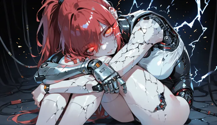 masterpiece, best quality, amazing quality, very aesthetic, high resolution, newest, 1girl, cyborg, android, red hair, high ponytail, (artificial eye, torn face, cracked face), ((cracked skin)), single mechanical arm, robot joints, cyberpunk, mechanical pa...