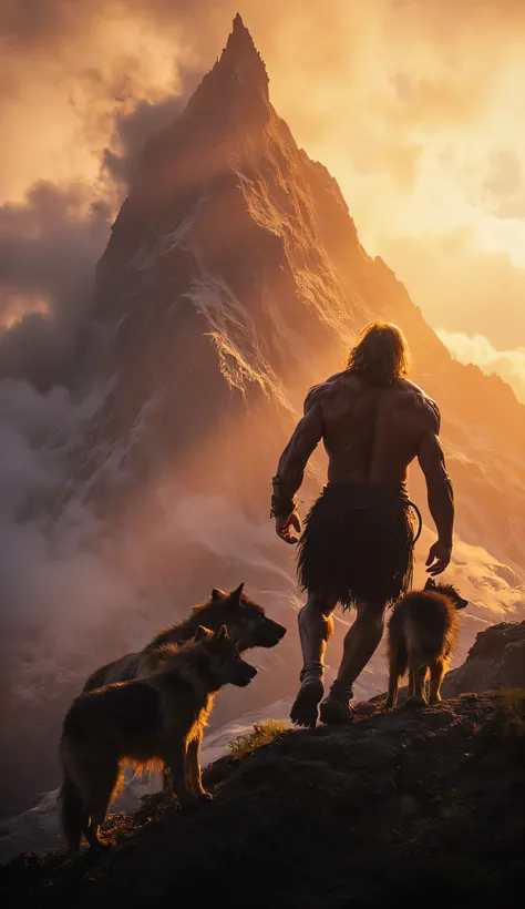 "A prehistoric, untamed, wild Scottish warrior 2 meters tall, with a muscular and marked body, he climbs up to the top of an imposing and pointed mountain, a pack of wolves walk beside him, watching the sunset. His sweaty skin shines under strong and drama...